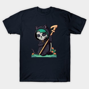 The Whiskered Reaper: A Feline of Death T-Shirt